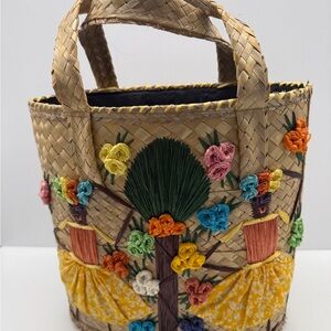 Floral Embroidered Colorful Straw Beach Tote Bag